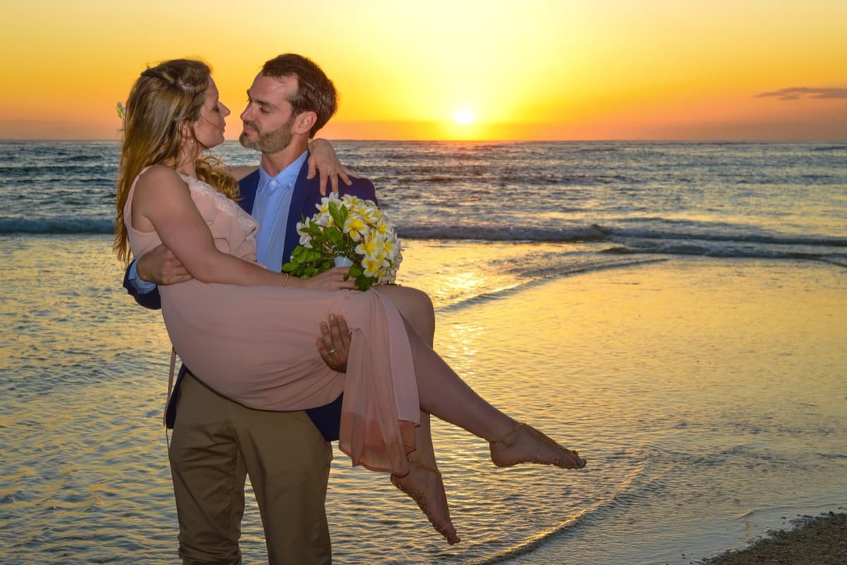 Surprise proposal on a Mauritius beach at sunset